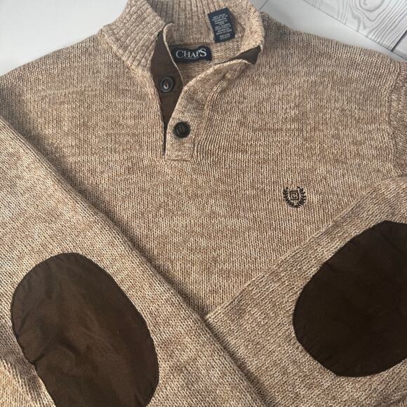 Ralph Lauren Chaps Sweater Mens Large Tan Henley Mock Neck Elbow Patch Knit - Picture 1 of 7